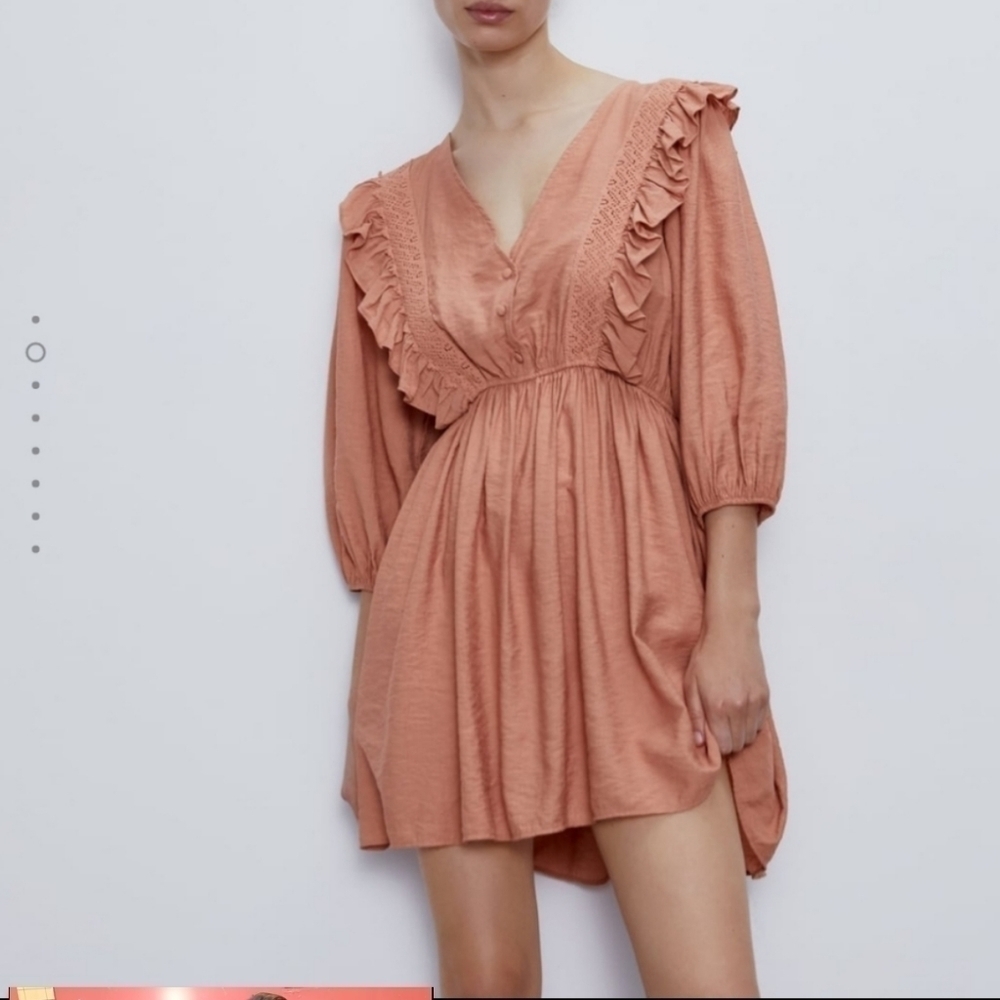 Zara women mini dress puff sleeve embroidery M lagenlook y2k Rodeo Festival Pink